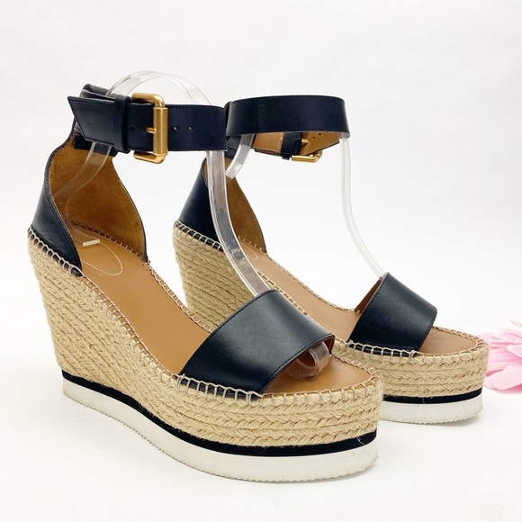 See By Chloe Glyn Espadrille Wedge Platform Leather Sandals Black - Picture 1 of 15